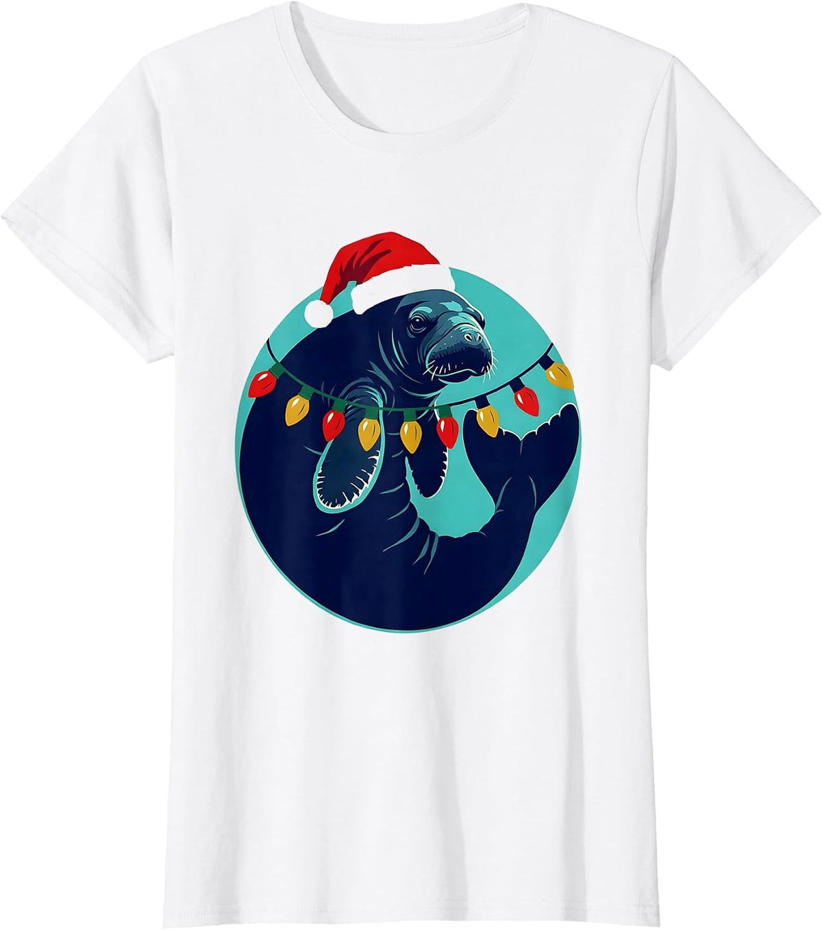 Manatee Santa Hat Christmas Tree Lights Holiday Humor T-Shirt - White