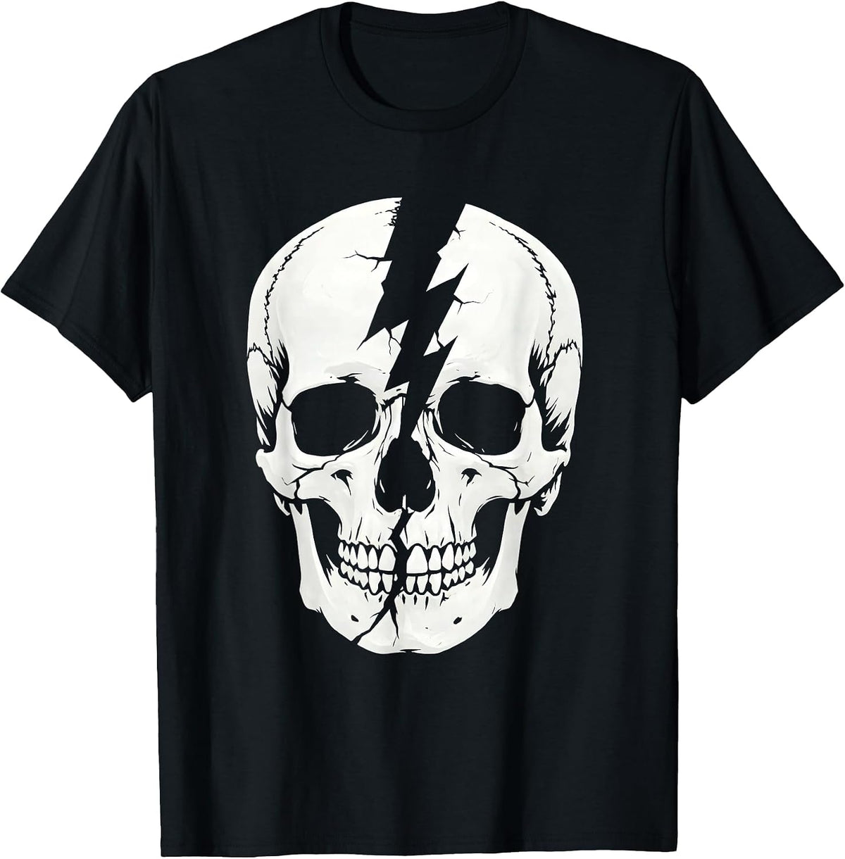 Men's Skull Lightning Bolt Crack Metal Graphic Design T-Shirt - Black