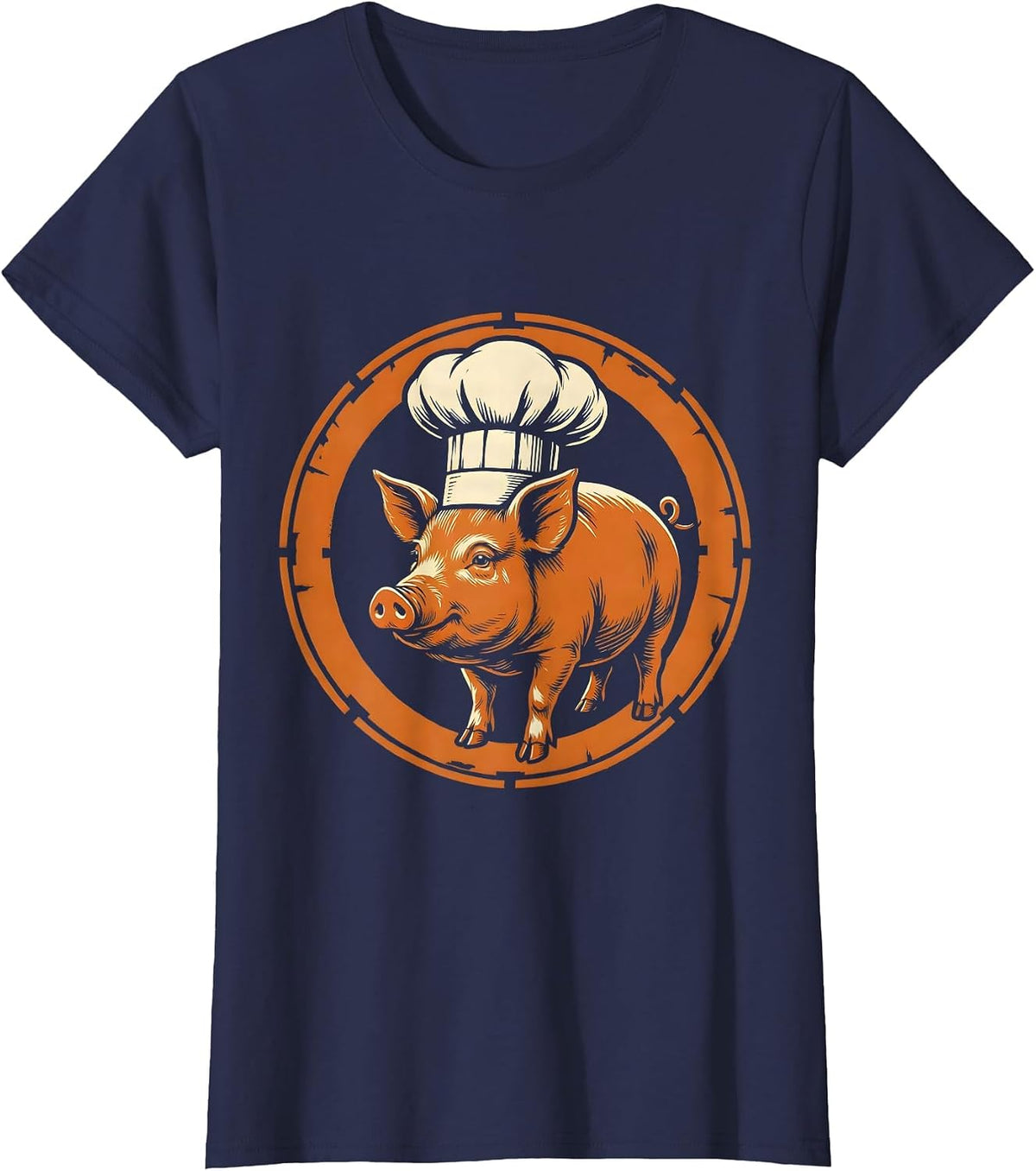 Women's Whole Roasted Pig Chef Hat Graphic Tee T-Shirt - Navy Blue