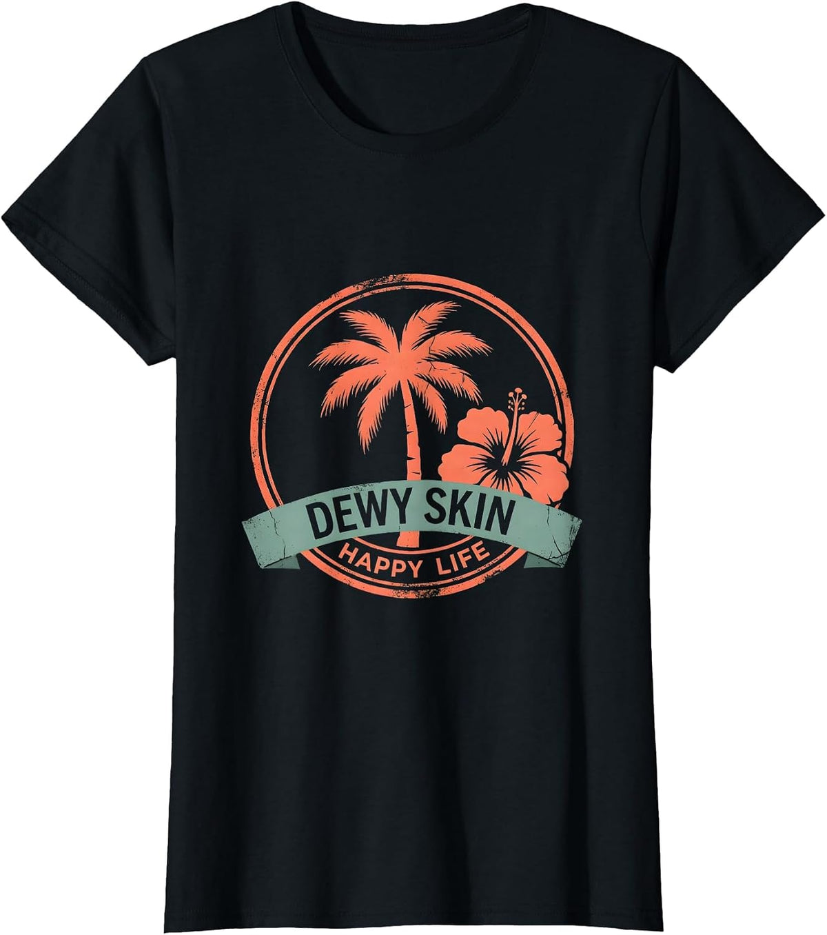 Women's K-Beauty Glass Skin Dewy Skin Happy Life Design T-Shirt - Black