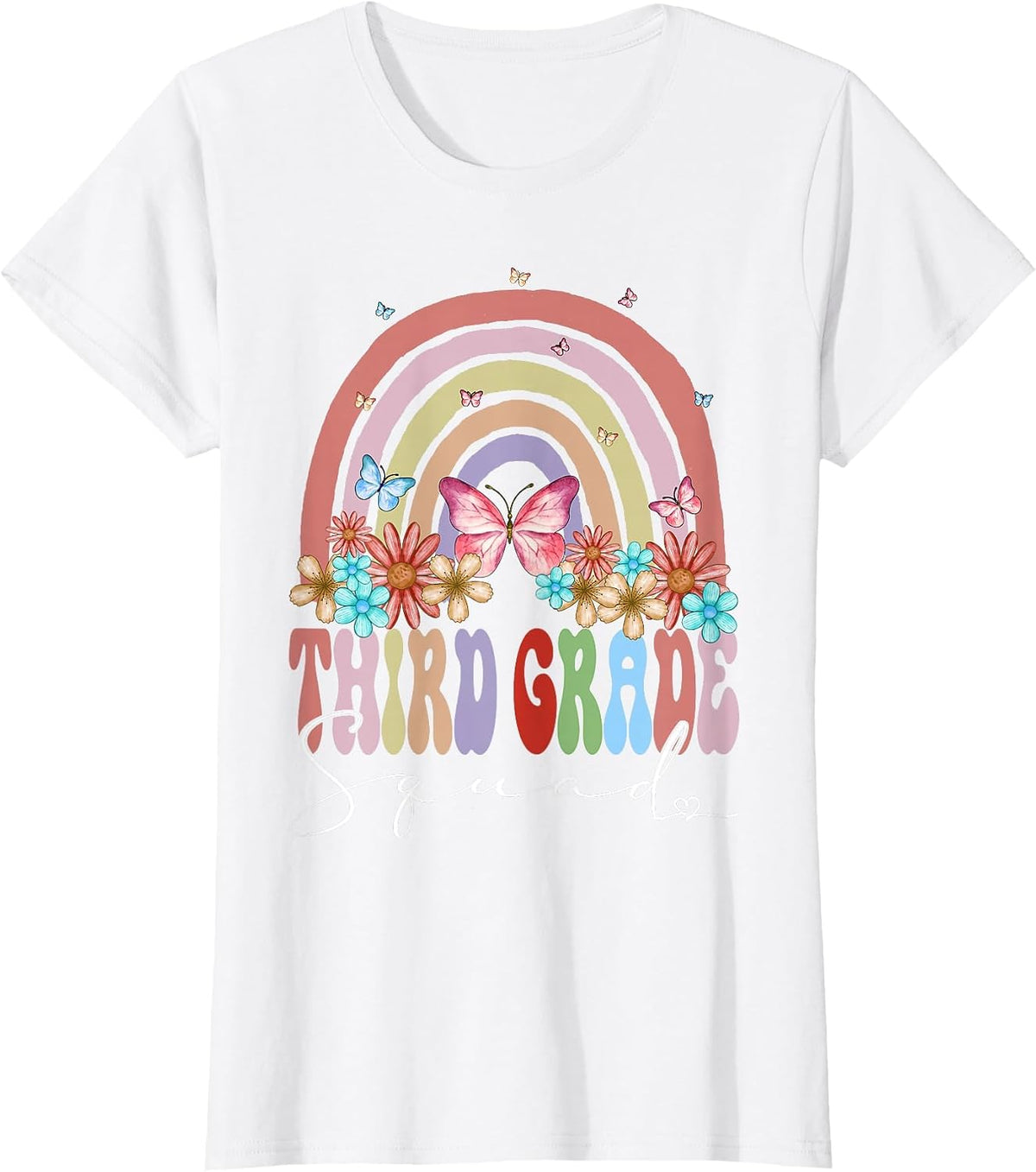 Third Grade Squad Back to School Rainbow Groovy Floral T-Shirt - White