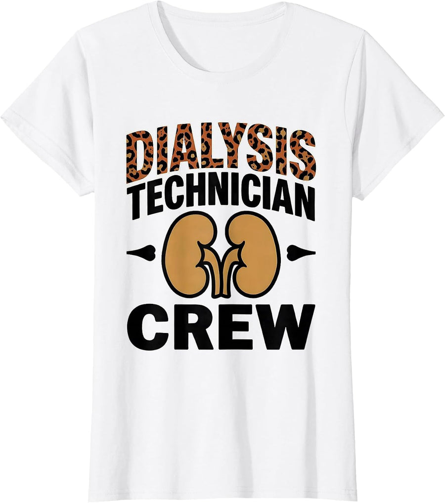 Women's Dialysis Technician Crew Leopard Animal Skin Pattern T-Shirt - White