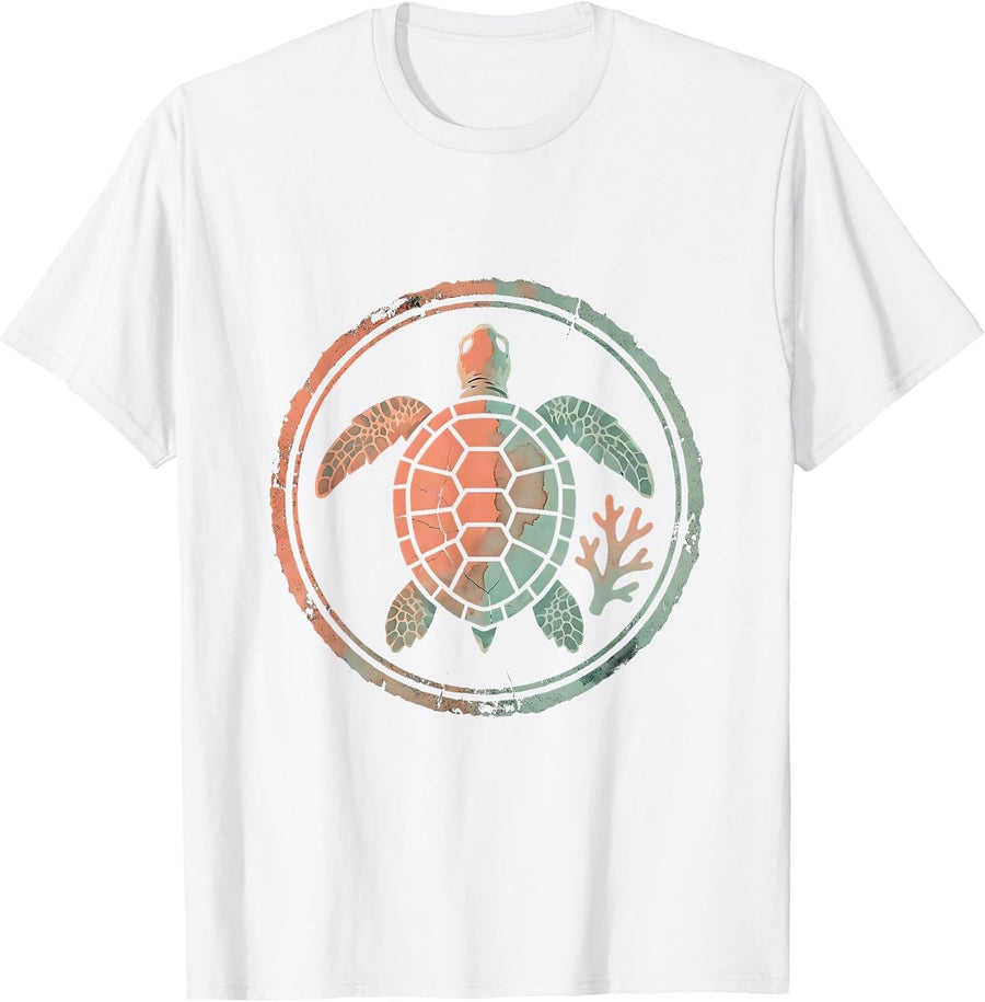 Men's Kids Sea Turtle Colorful Coral Reef Hawaiian Design T-Shirt - White