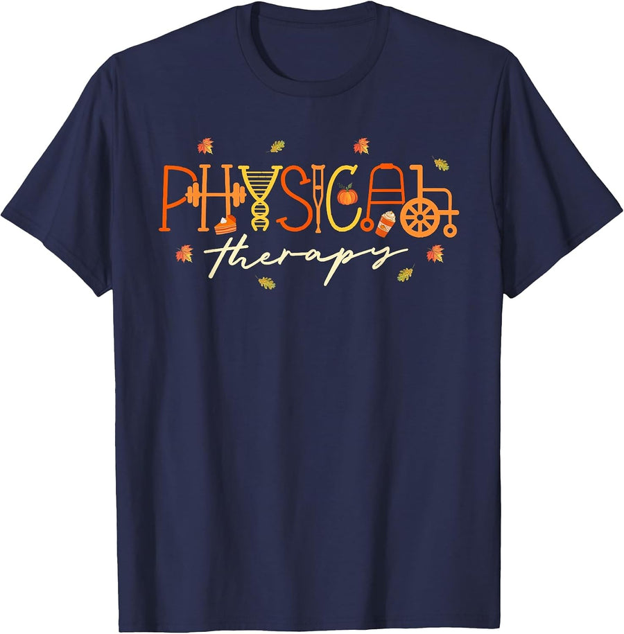 Physical Therapy Fall Leaves PT Exercise DPT Therapist PTA T-Shirt - Navy Blue