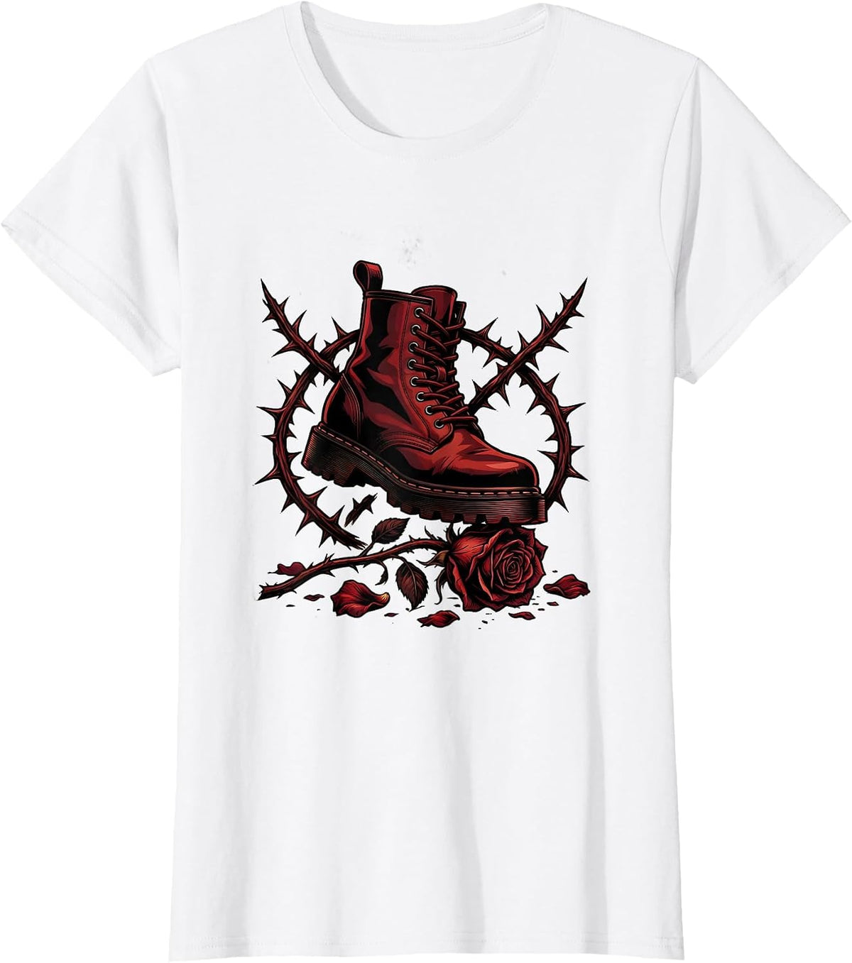 Grunge Combat Boot Crushing Wilted Flower Art T-Shirt - White