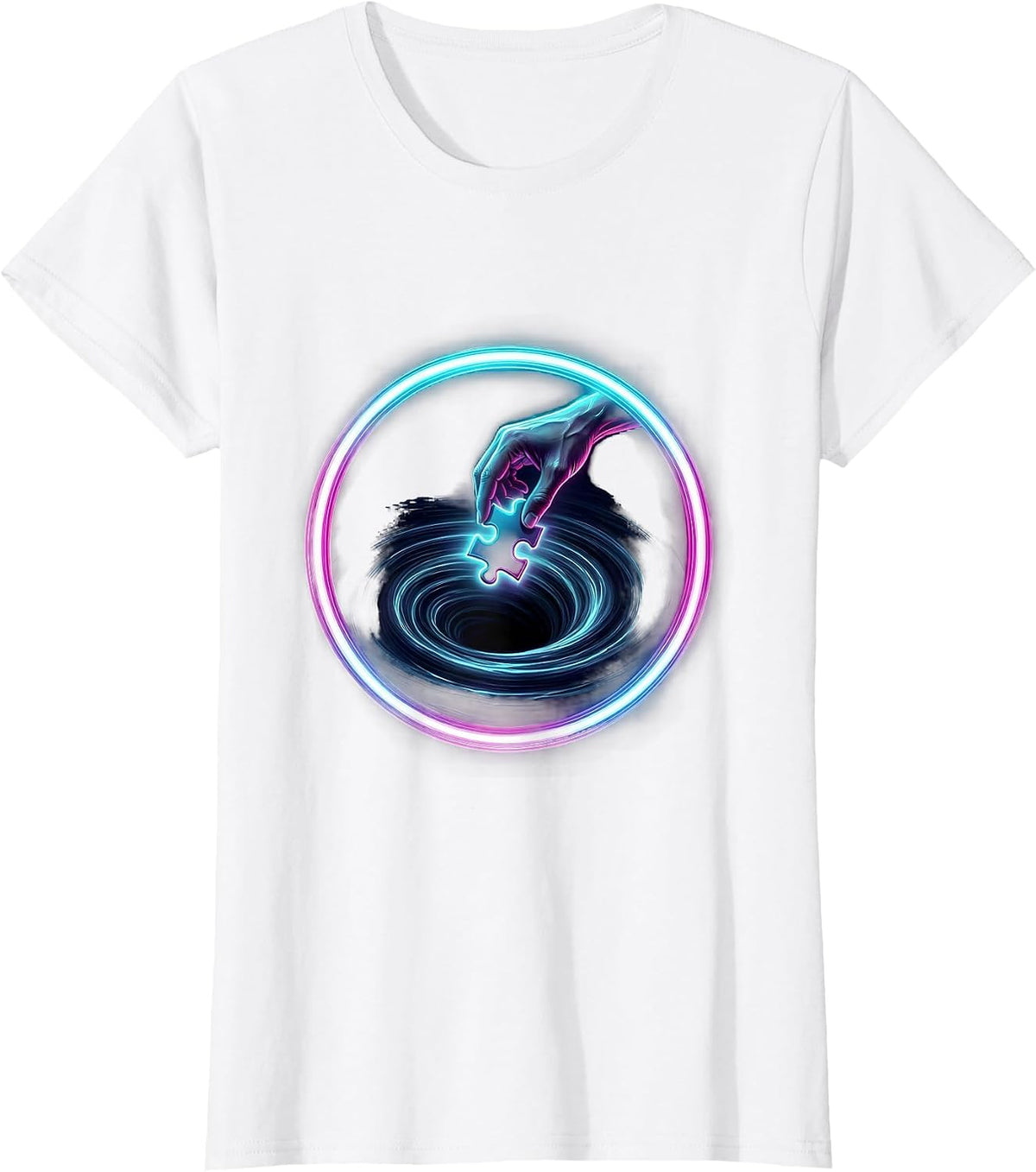 Hand Dropping Puzzle Piece Into Dark Void Graphic T-Shirt - White