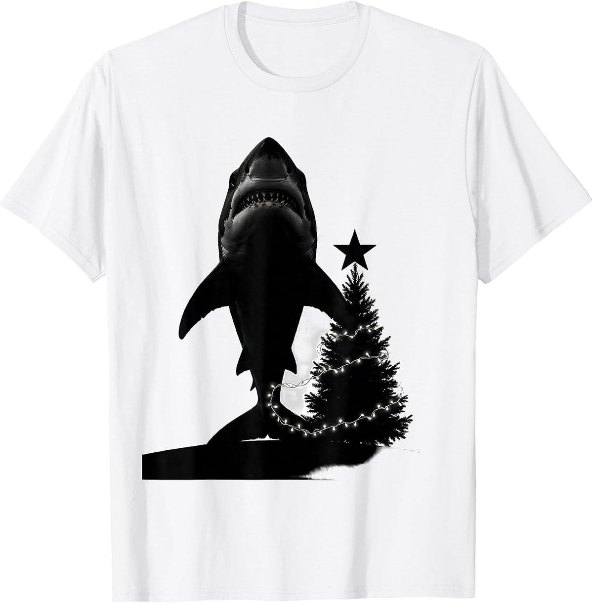 Men's Shark Silhouette Christmas Lights Star and Tree Funny T-Shirt - White