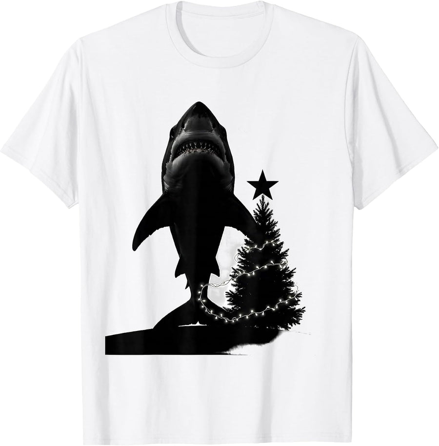 Men's Shark Silhouette Christmas Lights Star and Tree Funny T-Shirt - White