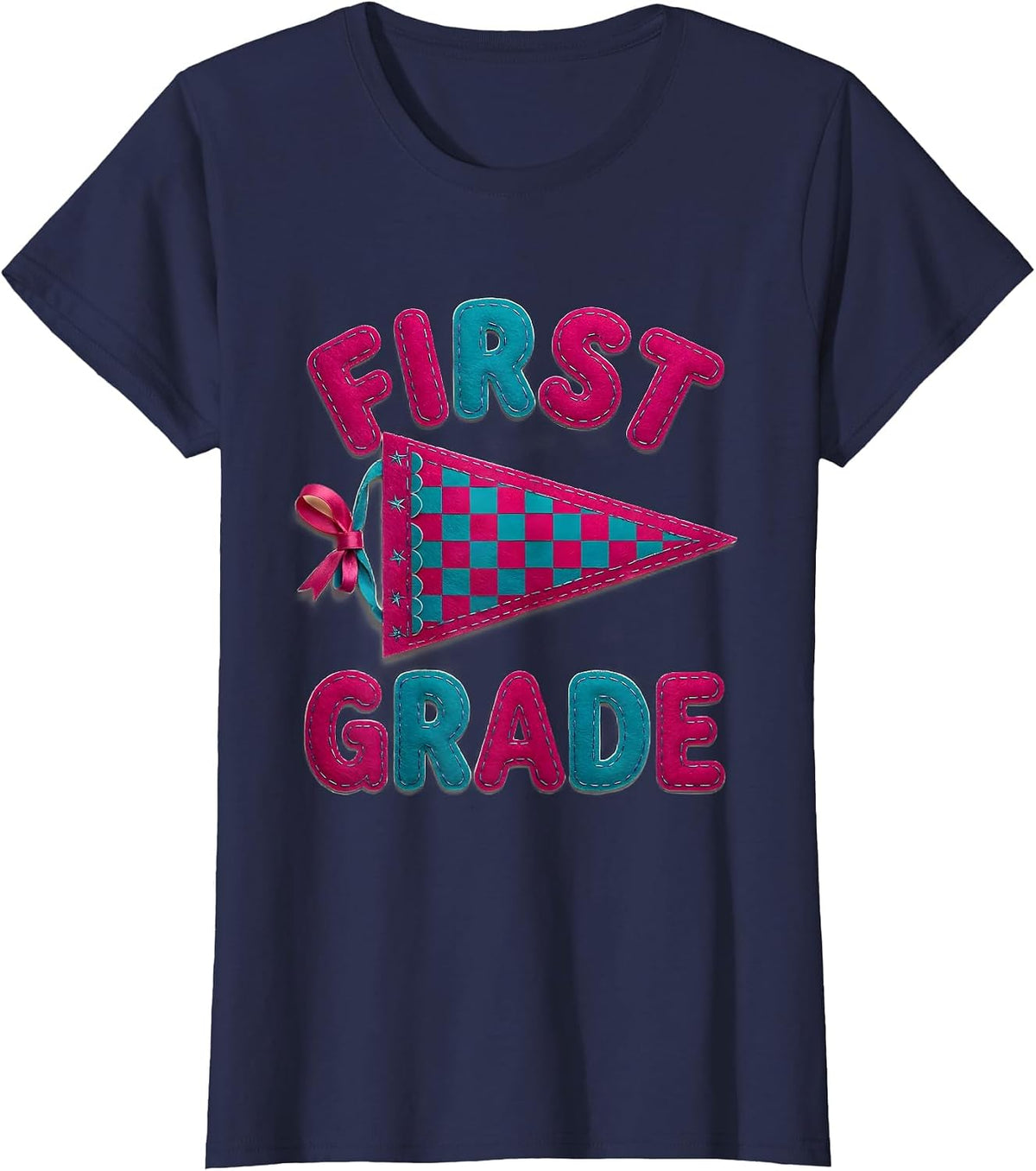 Women's First Grade Cheerful Pennant Back To School Girl T-Shirt - Navy Blue