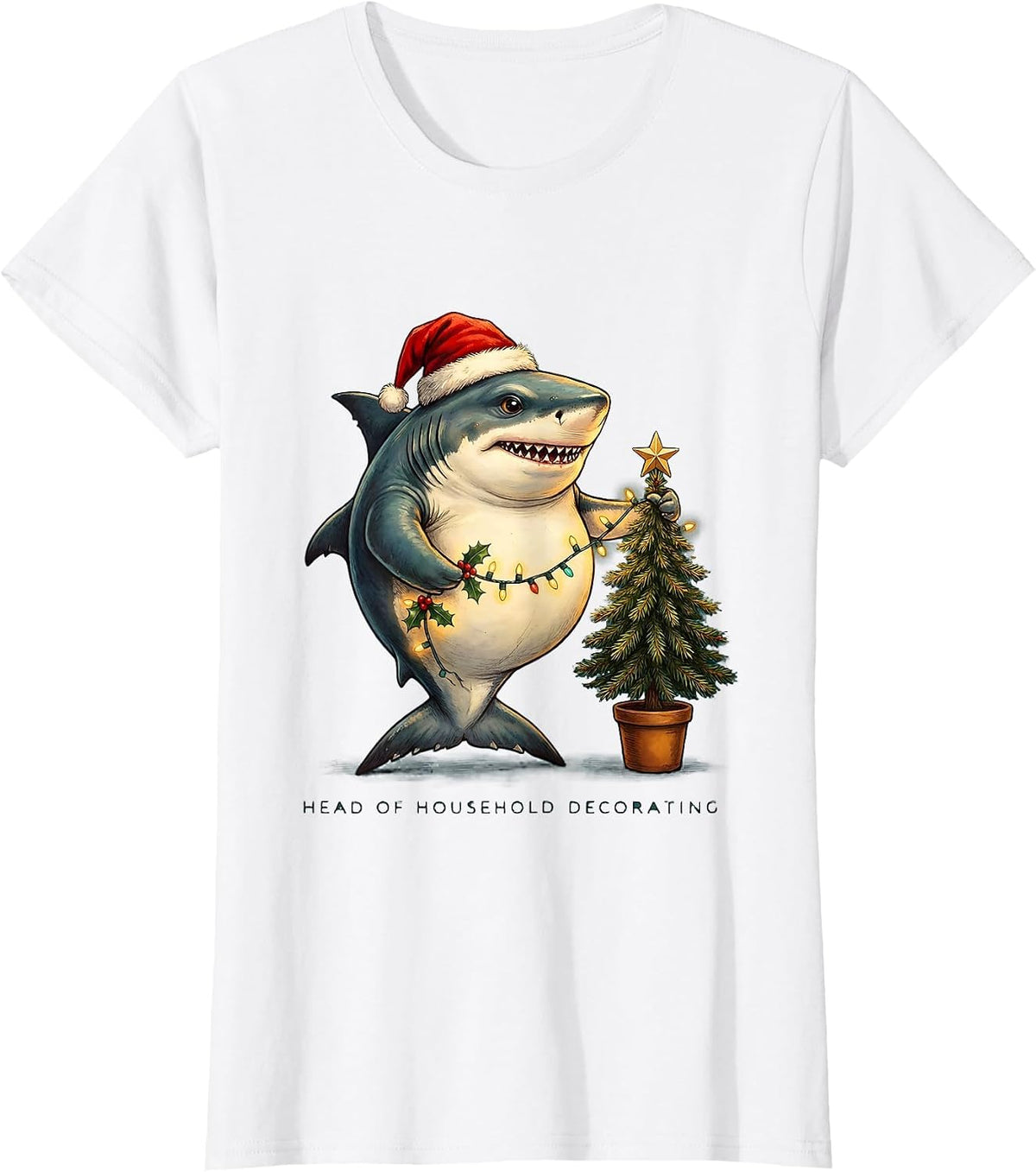 Women's Head of Household Decorating Funny Shark Santa Hat Christmas T-Shirt - White