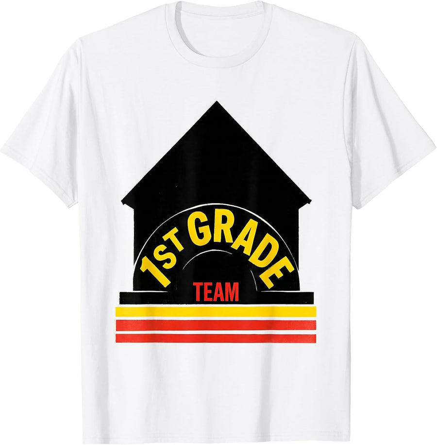 Men's 1st Grade Team Schoolhouse Teacher Back To School Crew T-Shirt - White