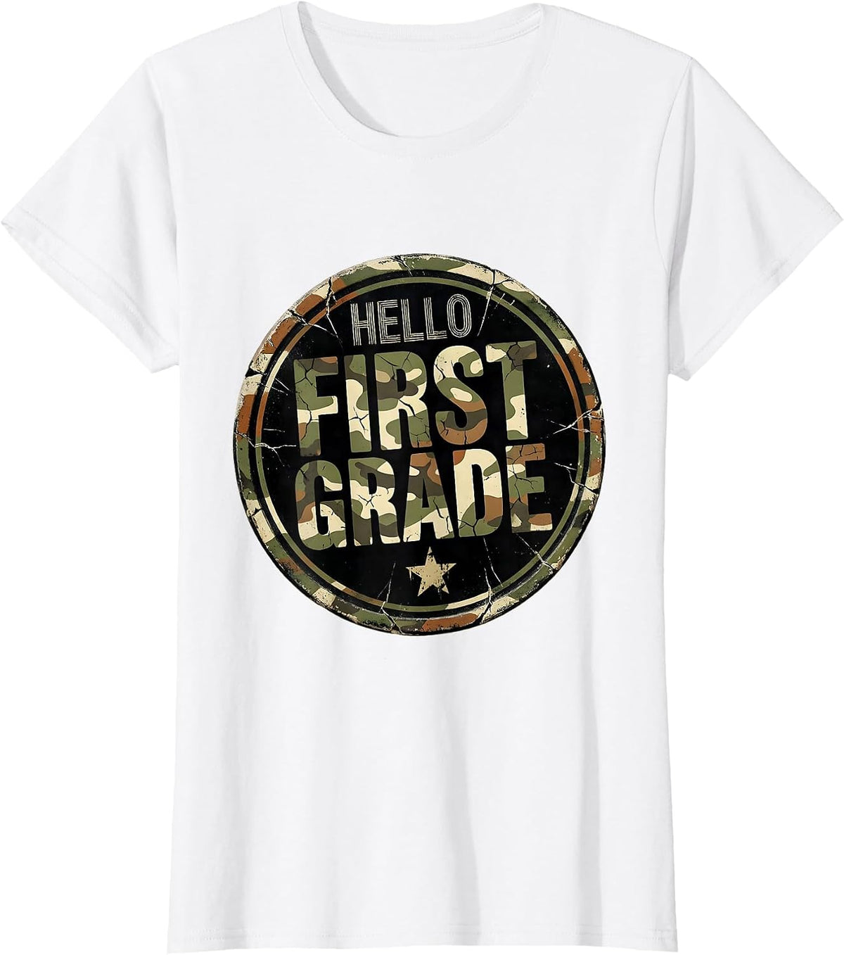 Women's Hello First Grade Distressed Camo First Day Of School Boys T-Shirt - White