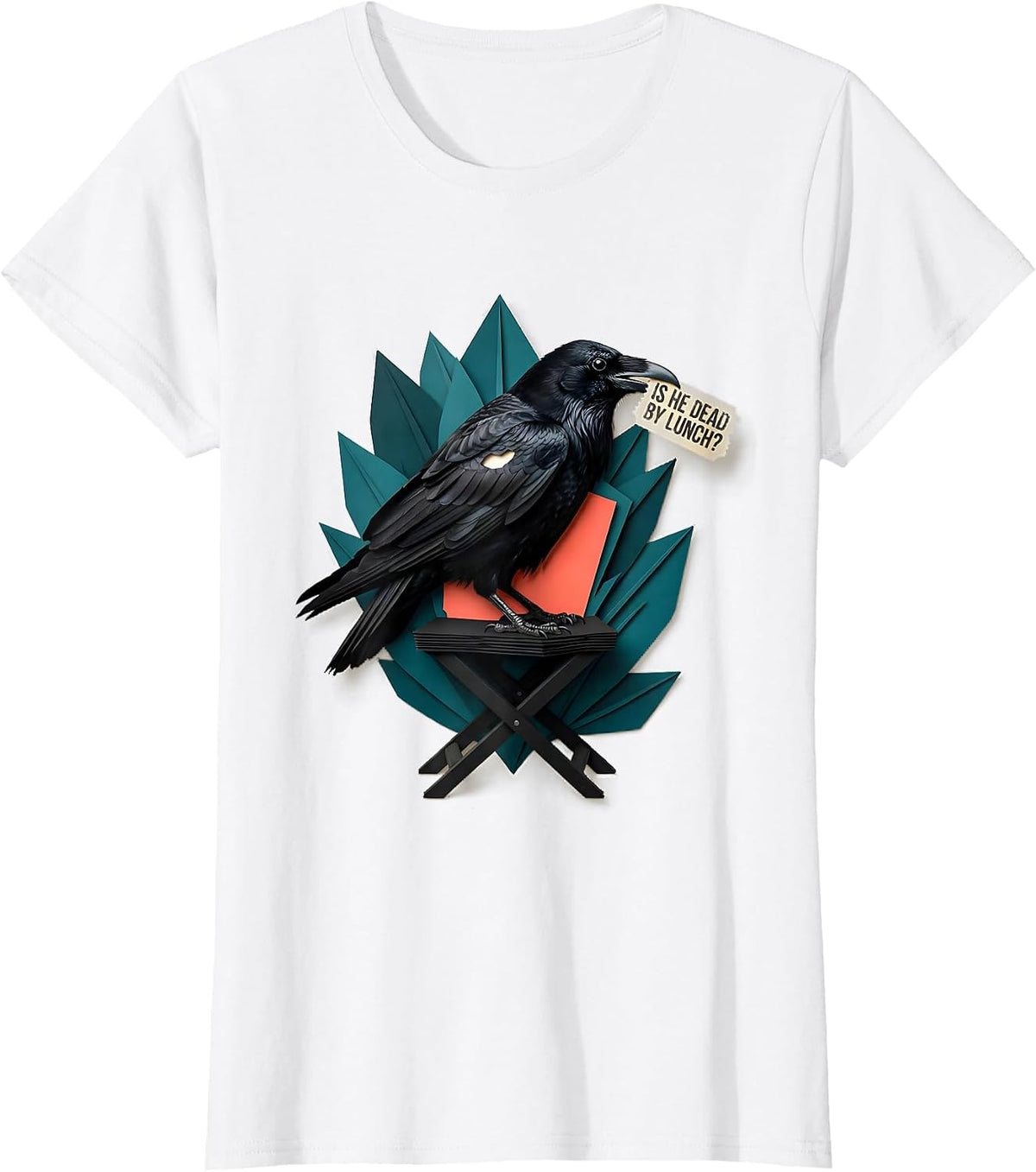 Women's Is He Dead By Lunch Dark Humor Gothic Raven Crow Animal T-Shirt - White