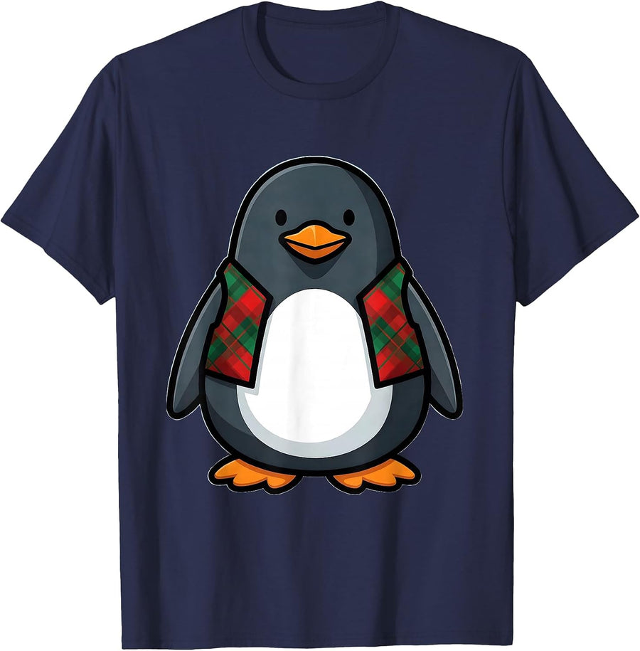 Rounded Penguin Christmas Plaid Vest Funny Penguin Lover T-Shirt - Navy Blue