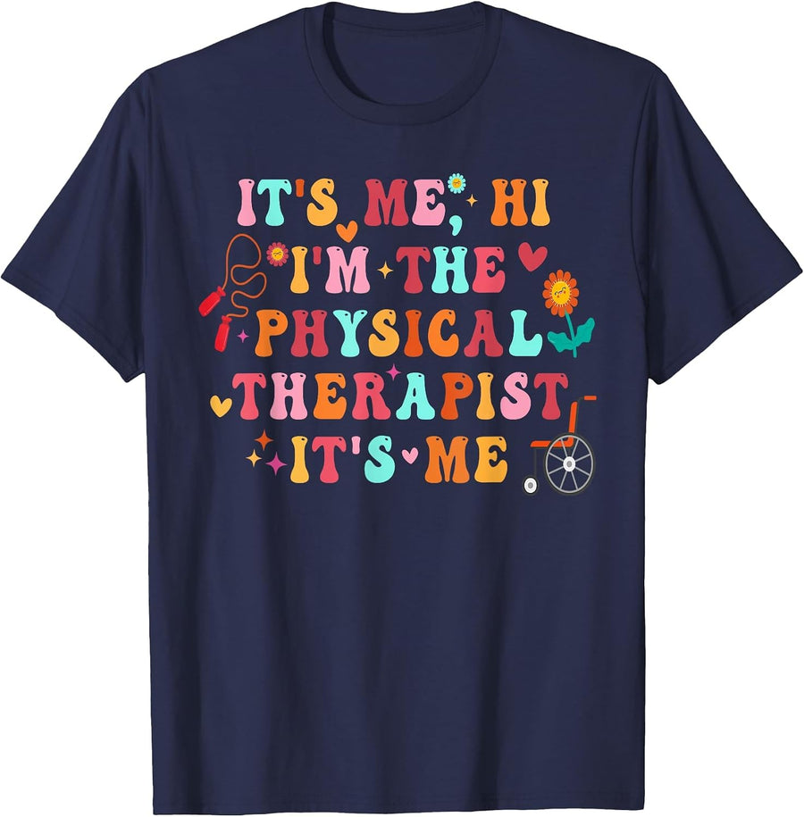 Groovy Retro It's Me Hi I'm The PT Physical Therapy Hippie T-Shirt - Navy Blue
