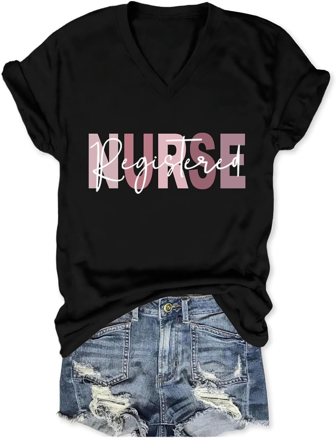 Registered Nurse V-Neck T-Shirt for Women Nurse Lover Shirts Short Sleeve Casual Tee for Medical Workers - Black