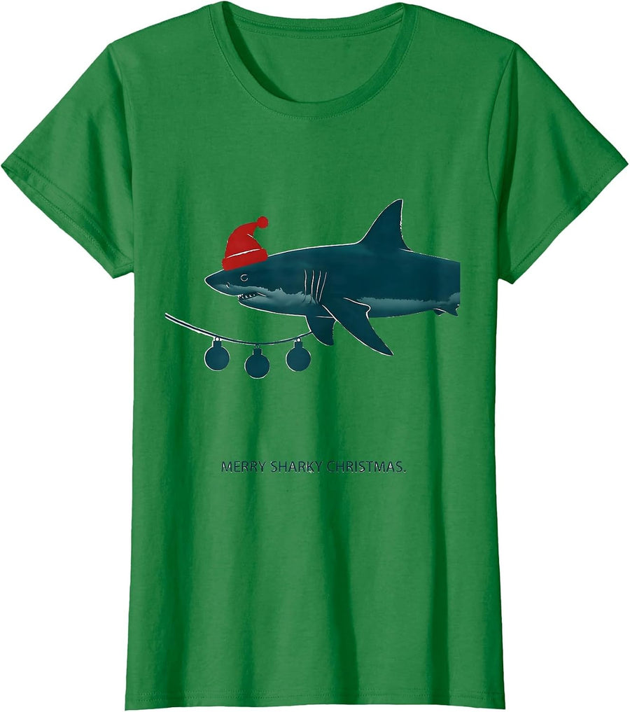 Women's Merry Sharky Christmas Funny Shark Santa Hat Holiday Lights T-Shirt - Kelly Green