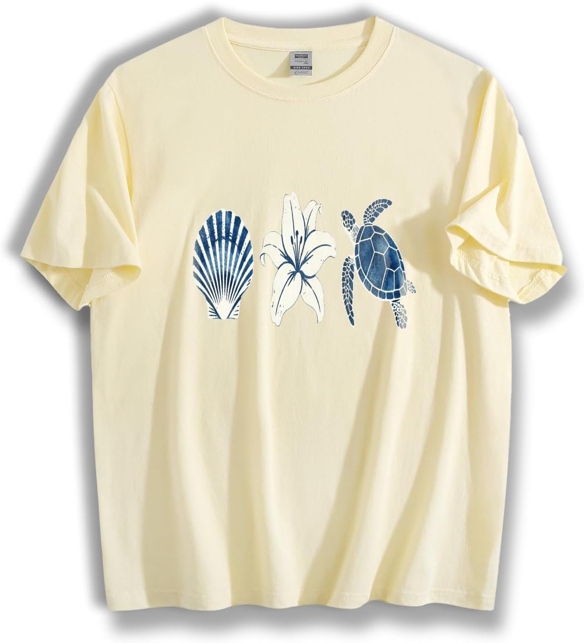 Coastal Sea Turtle Shell Lily Graphic T-Shirt, Beach Nature Inspired Casual Cotton Tee - Apricot