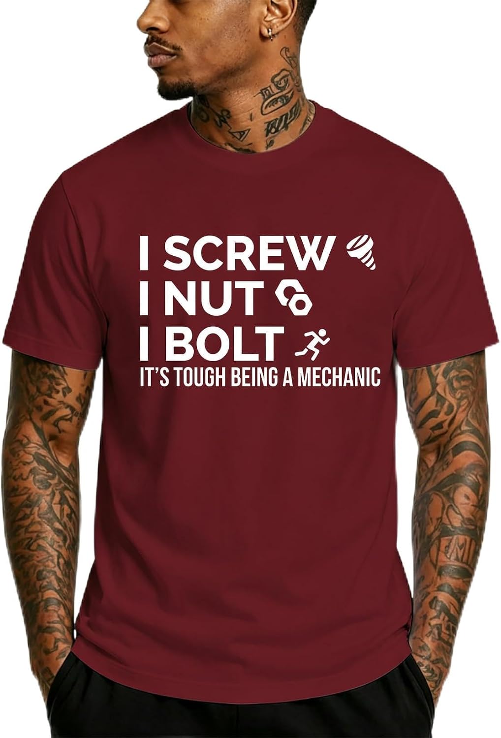 I Screw I Nut I Bolt It's Tough Being A Mechanic T-Shirt Funny Mechanic DT Adult T Shirt for Men - Crew Neck Claret