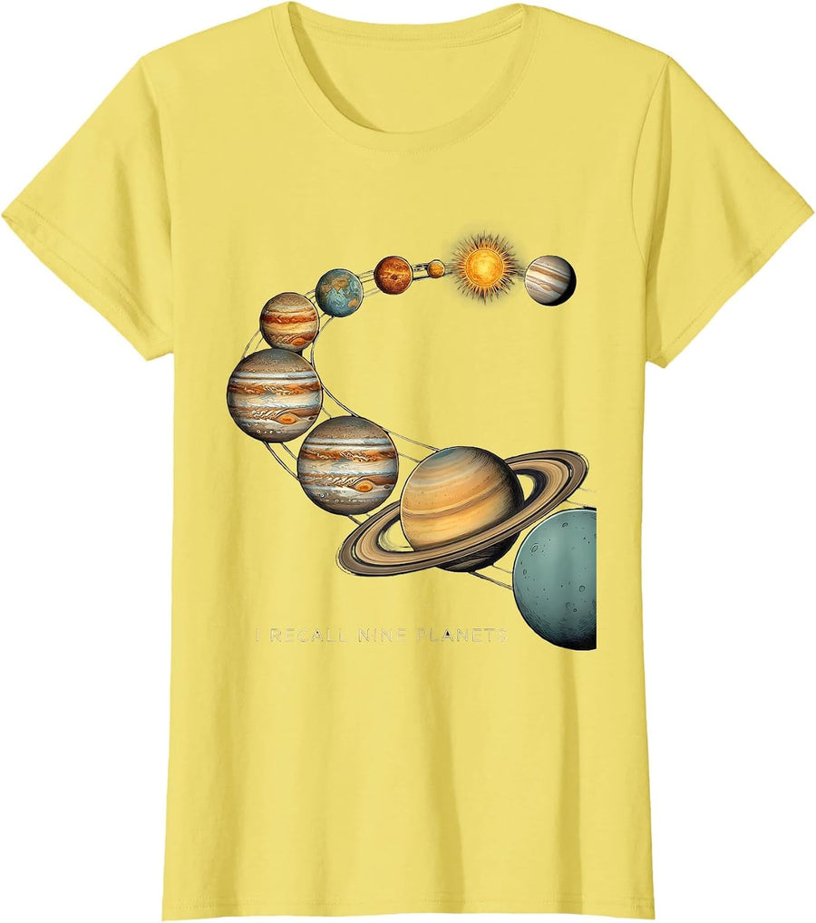 Women's I Recall Nine Planets Funny Solar System Space Astronomy T-Shirt - Lemon Yellow