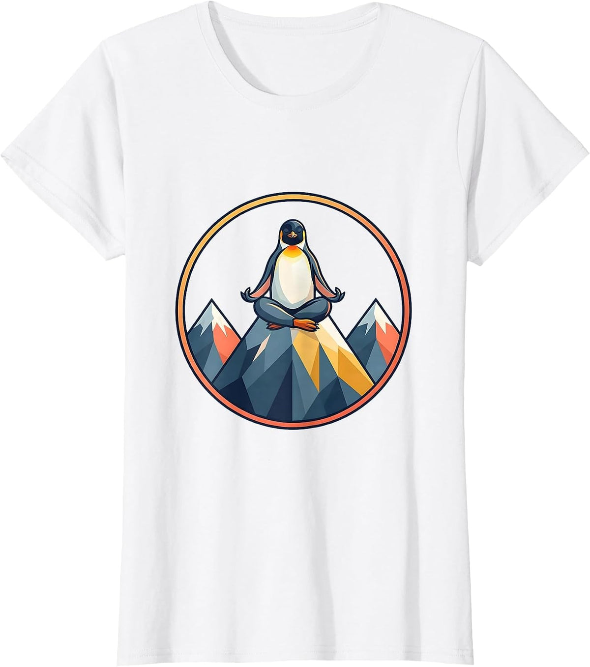 Women's Penguin Meditating on Mountain Peak Graphic T-Shirt - White