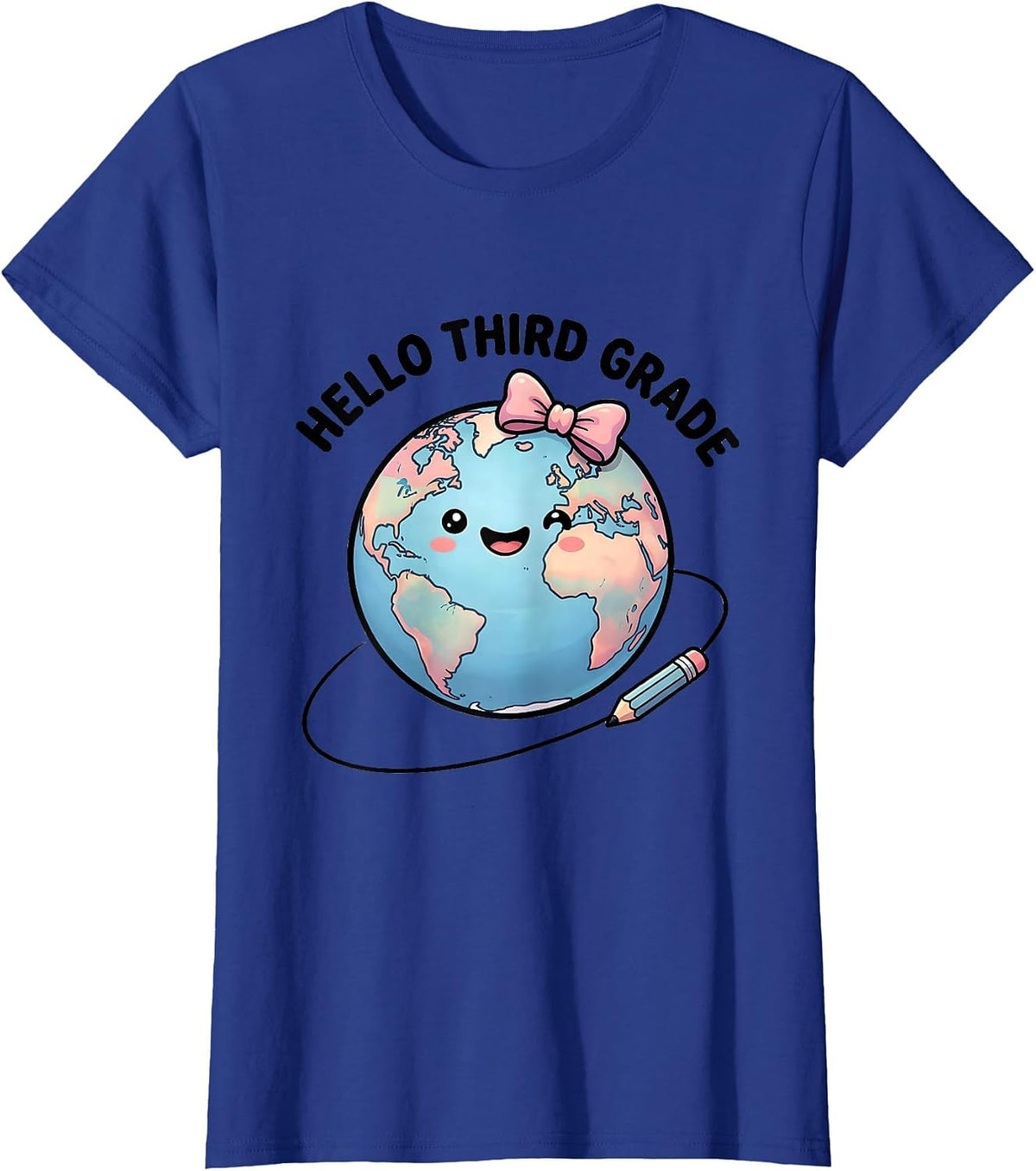 Women's Hello Third Grade Cute Kawaii Back to School Bow Pencil T-Shirt - Royal Blue