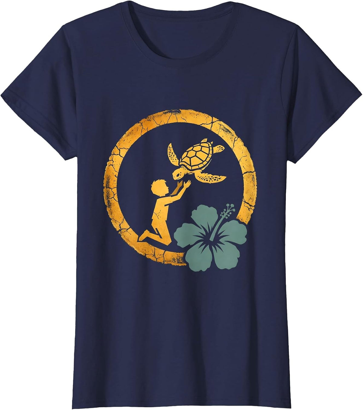 Women's Hawaiian Boy Releasing Sea Turtle Ocean Graphic T-Shirt - Navy Blue