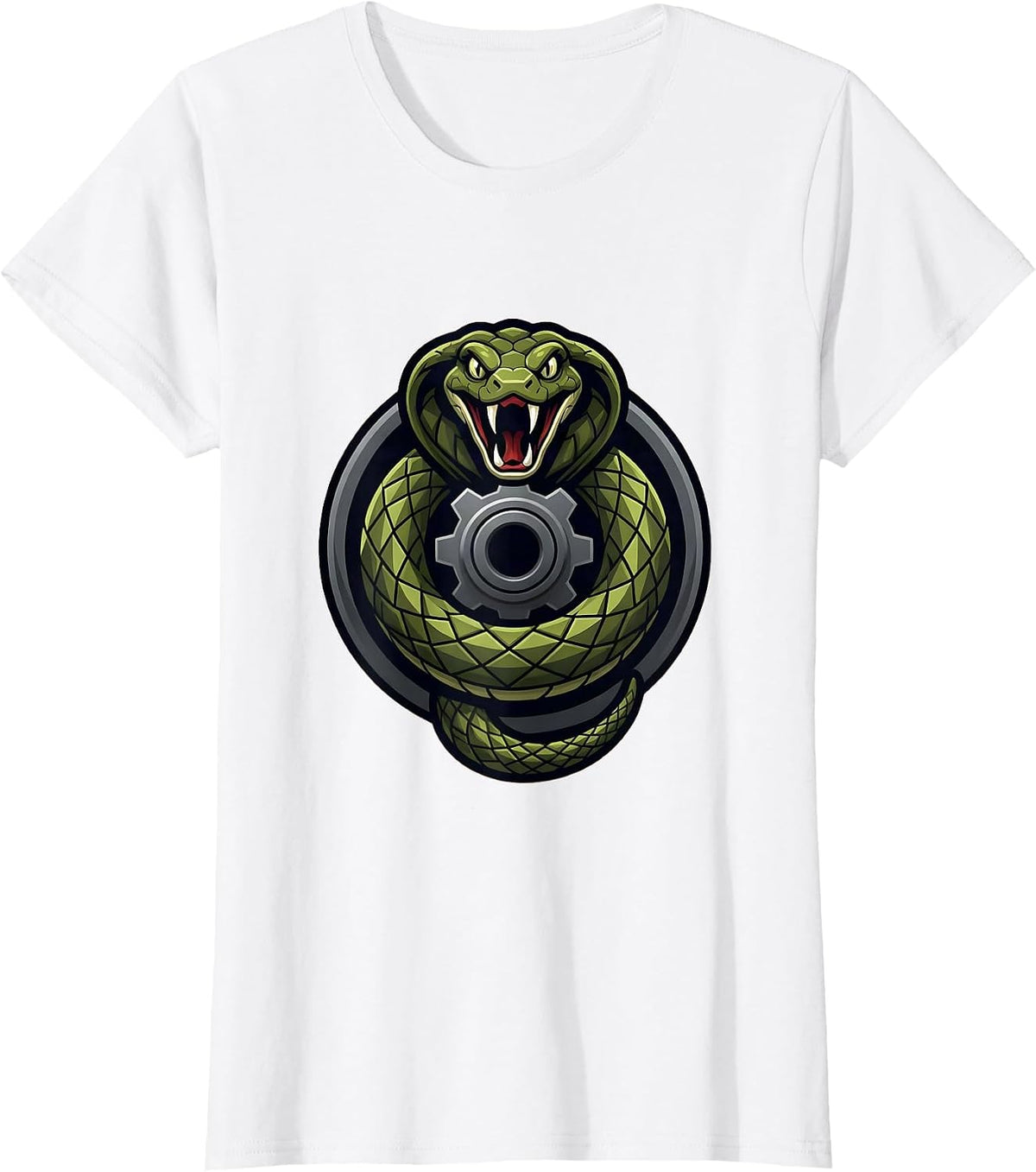Snake Coiled Around Gear Shaft Mechanic Design T-Shirt - White