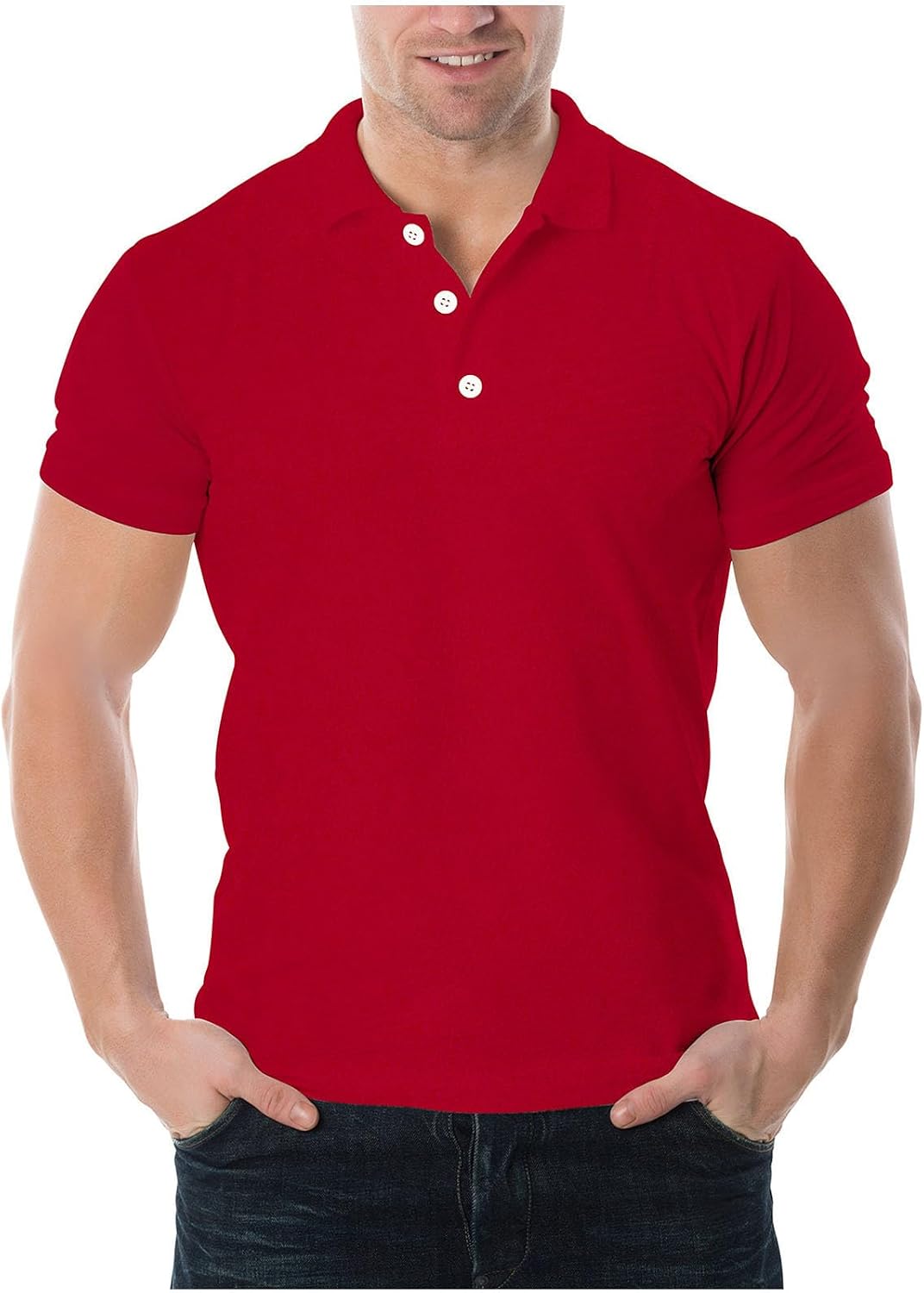 Mens Golf Shirts Casual Short Sleeve Classic Fit Stretch Solid Tees Fashion Collared Button Blouse Tops - Red