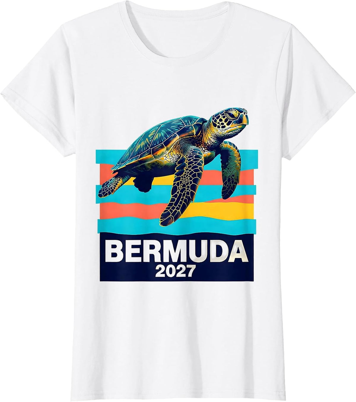 Women's Bermuda 2027 Screenprint Sea Turtle Tropical Vacation T-Shirt - White