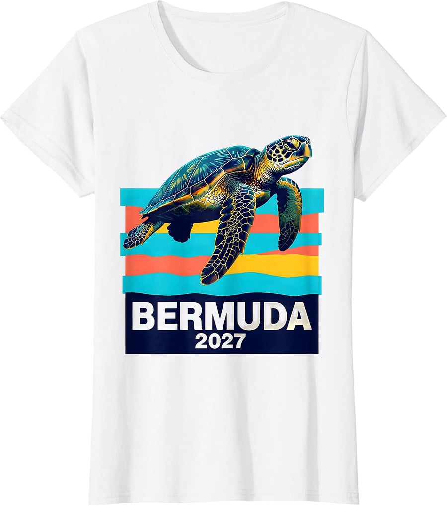 Women's Bermuda 2027 Screenprint Sea Turtle Tropical Vacation T-Shirt - White