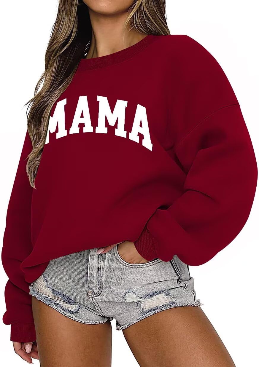 LEEDYA Women Long Sleeve Mama Sweatshirts Oversized Crewneck Mom Sweater - Burgundy
