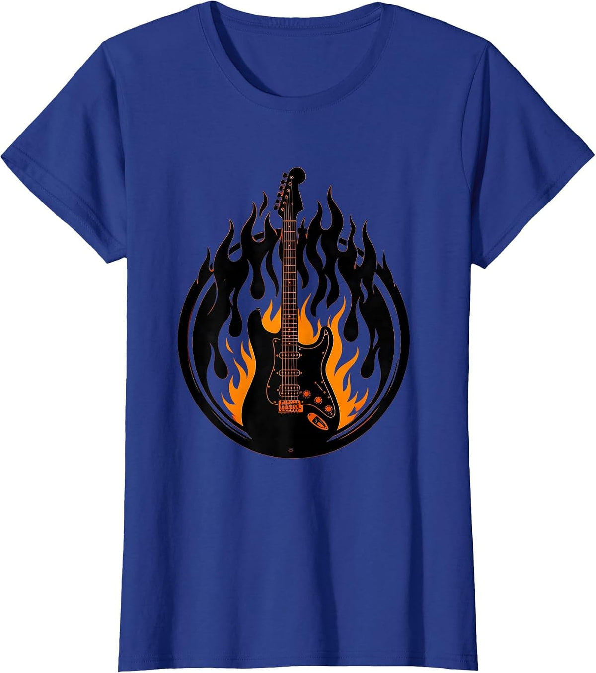 Women's Flaming Electric Guitar Rock Music Graphic T-Shirt - Royal Blue