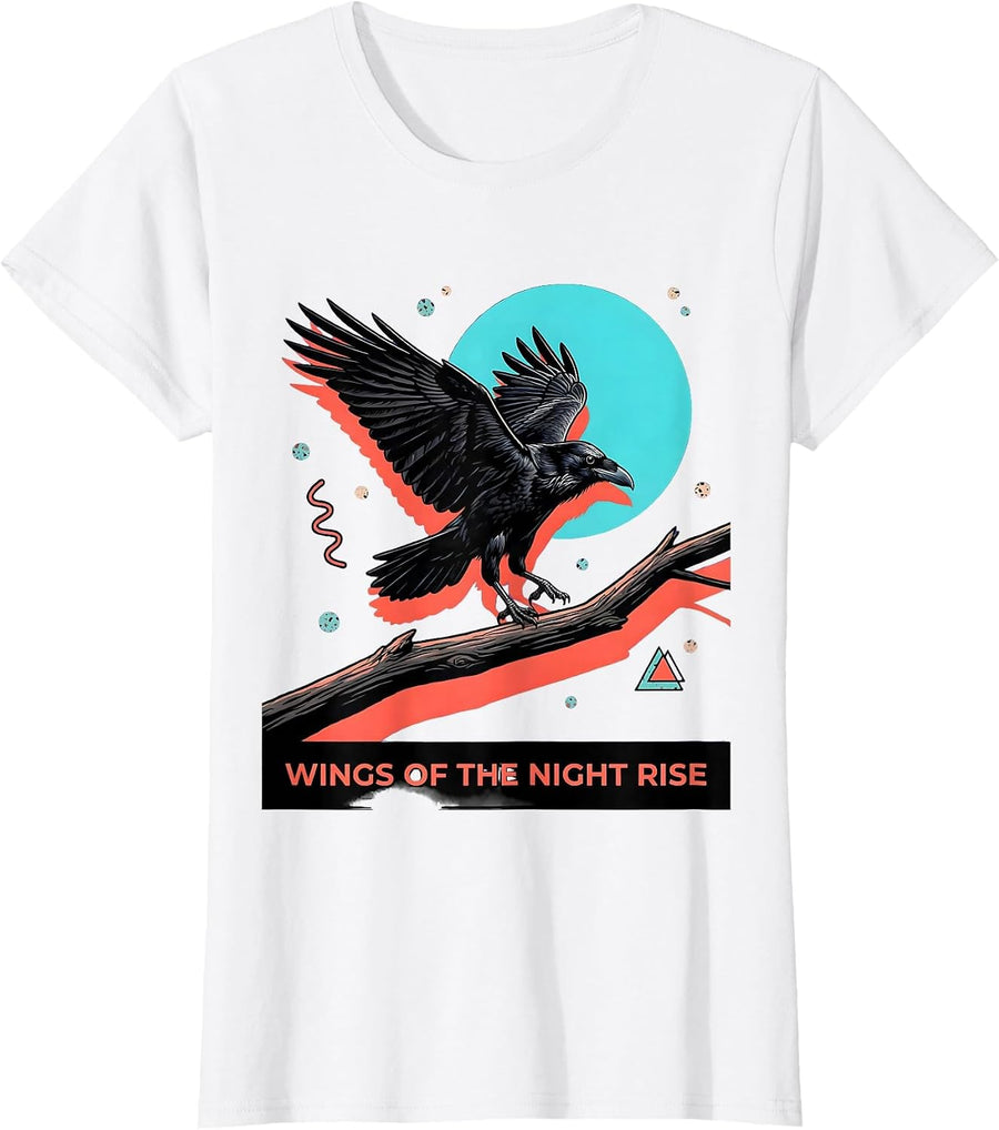 Women's Wings of the Night Rise Halloween Raven Design T-Shirt - White