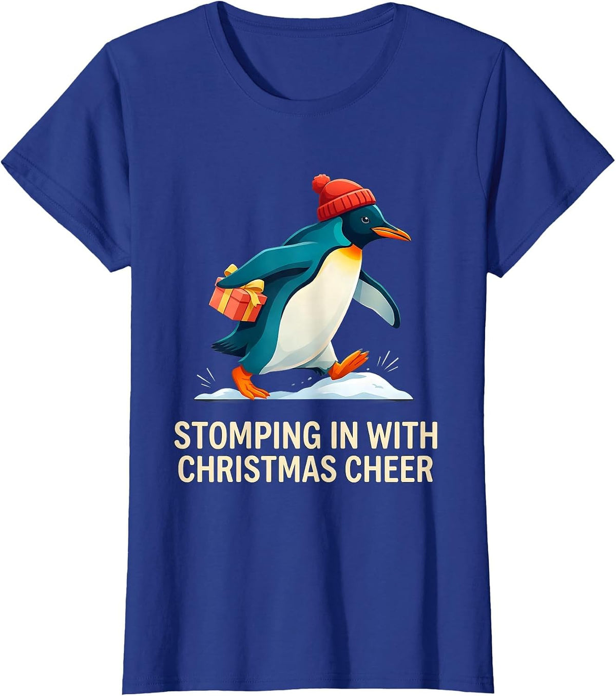 Women's Stomping In With Christmas Cheer Funny Penguin Lover T-Shirt - Royal Blue