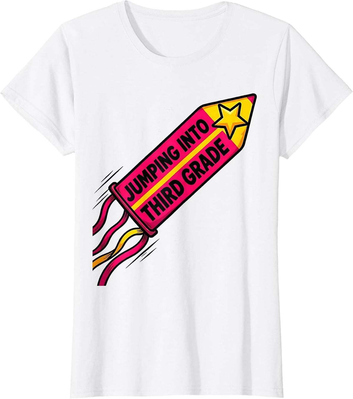Jumping Into Third Grade Cartoon Pennant Flag Girls Back T-Shirt - White