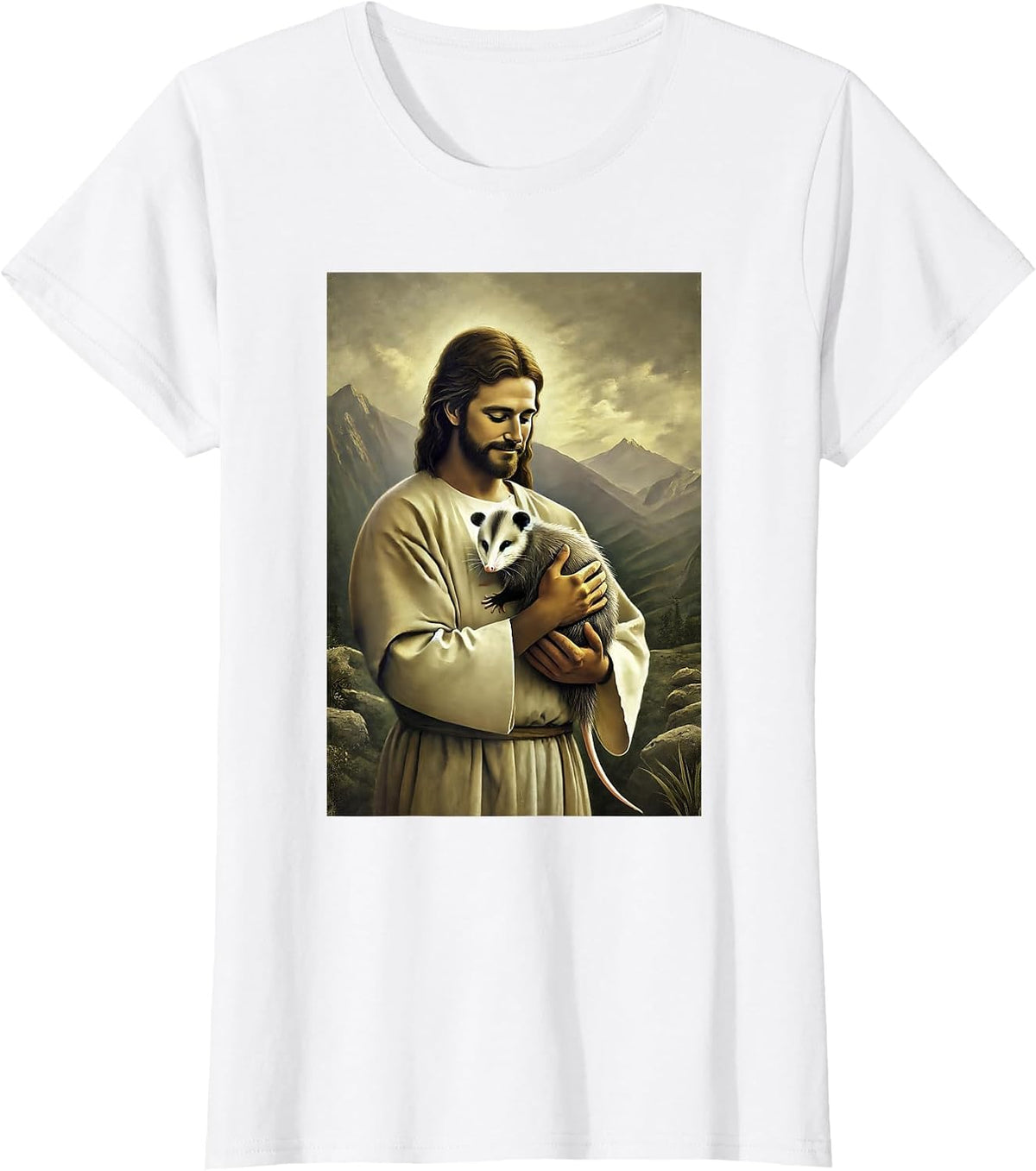 Funny Jesus Holding Opossum in His Arms Hilarious Possum T-Shirt - White