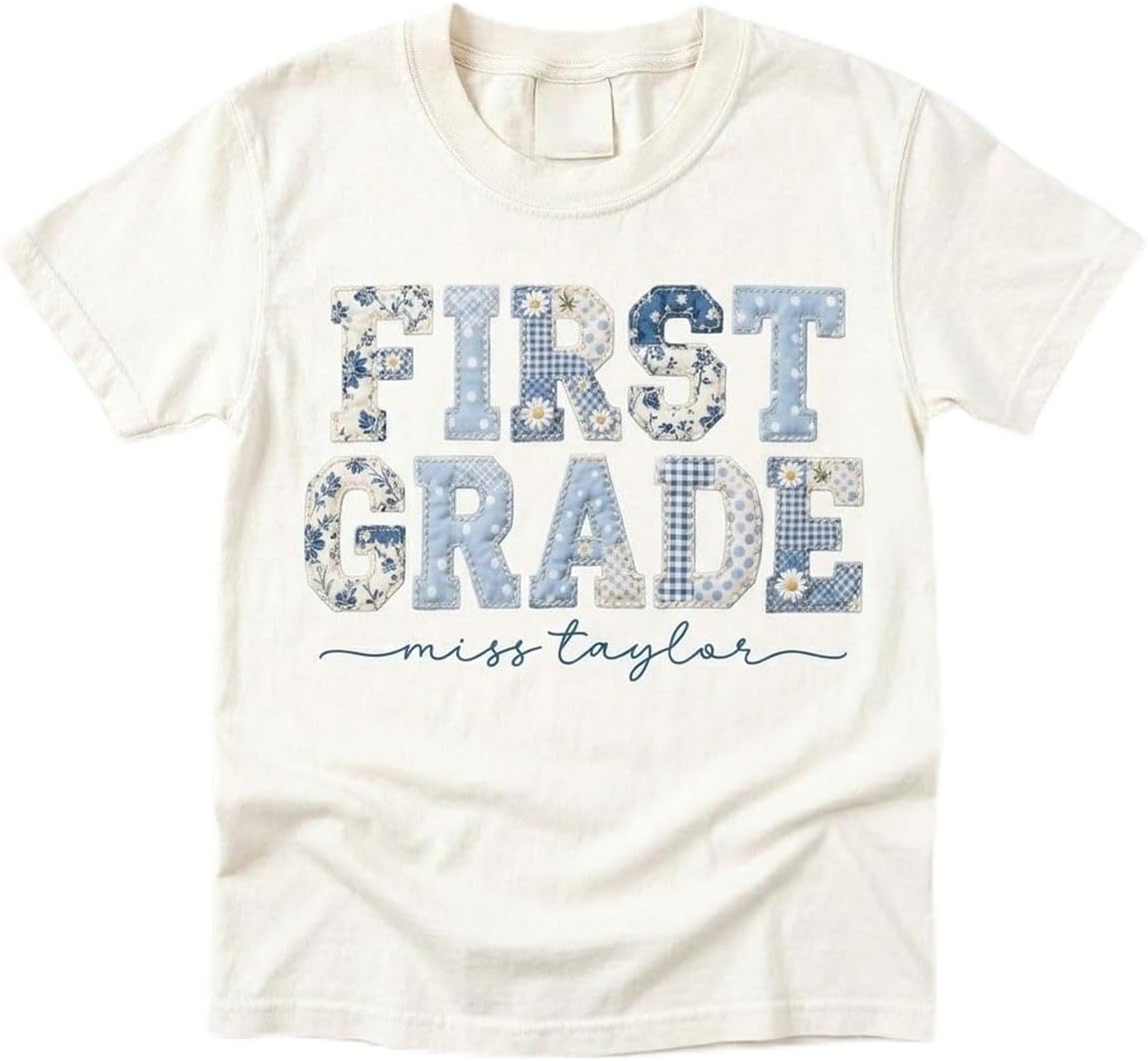 NAZENTI Second Grade Teacher Shirt Womens Floral Blue Faux Patchwork V-Neck Short Sleeve 2nd Grade Team Tee Back to School -