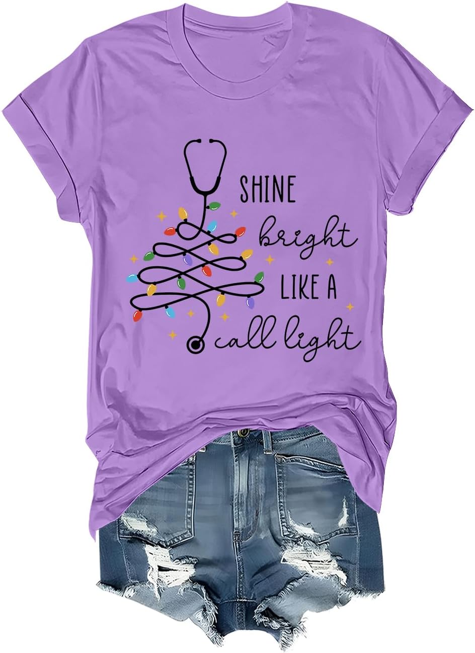 Shine Bright Like A Call Light Shirt Funny Stethoscope Christmas Tree Graphic Tee Christmas Nurse Shirts for Women - Purple