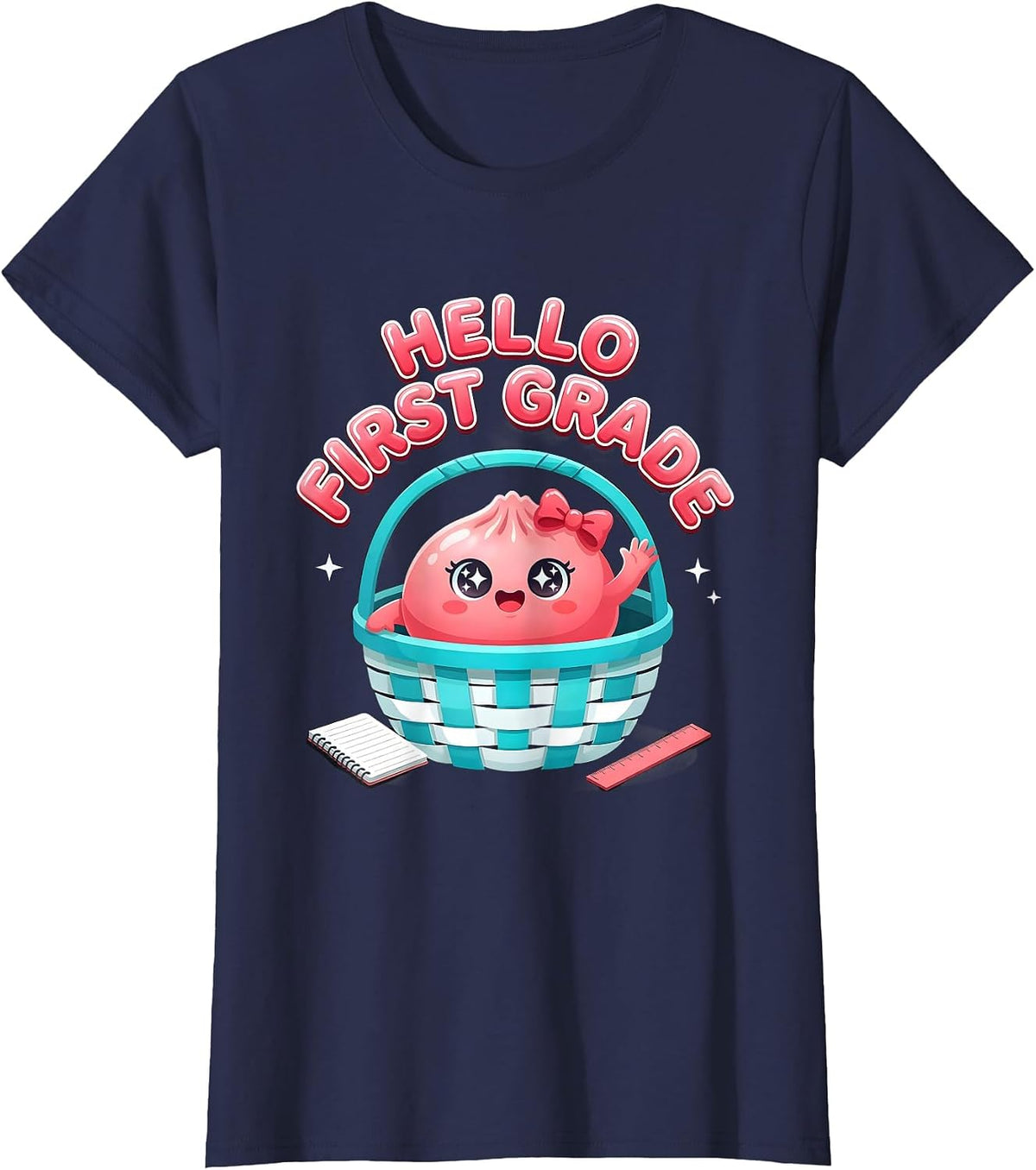 Women's Hello First Grade Cute Dumpling Back to School Girl Teacher T-Shirt - Navy Blue