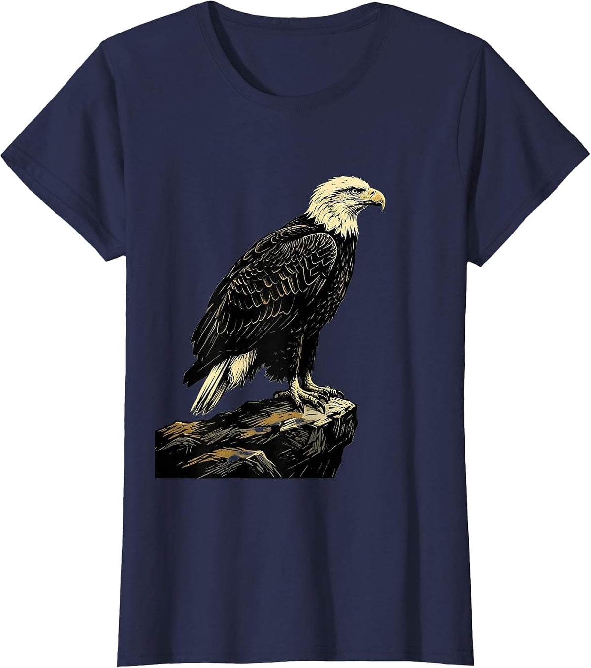 Women's Bald Eagle Linocut Wildlife Bird Lover Gift T-Shirt - Navy Blue