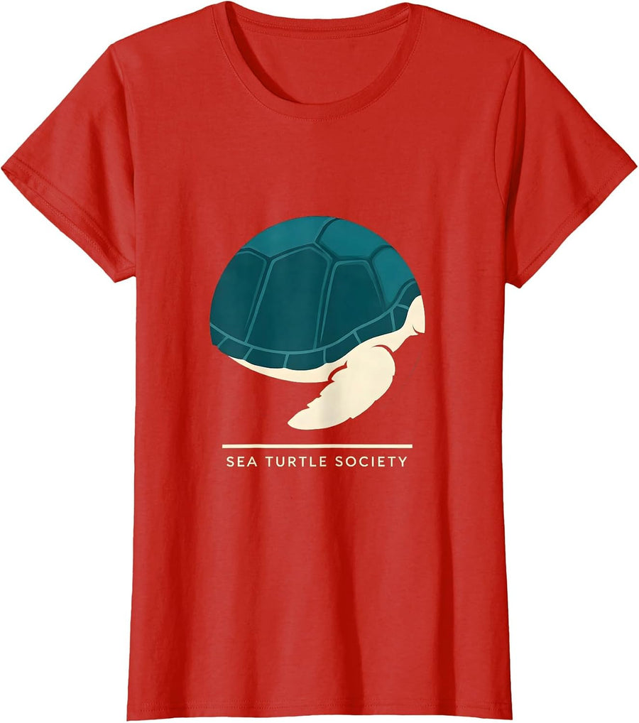 Women's Sea Turtle Society Badge Patch Line Art Icon Outline Gift T-Shirt - Red