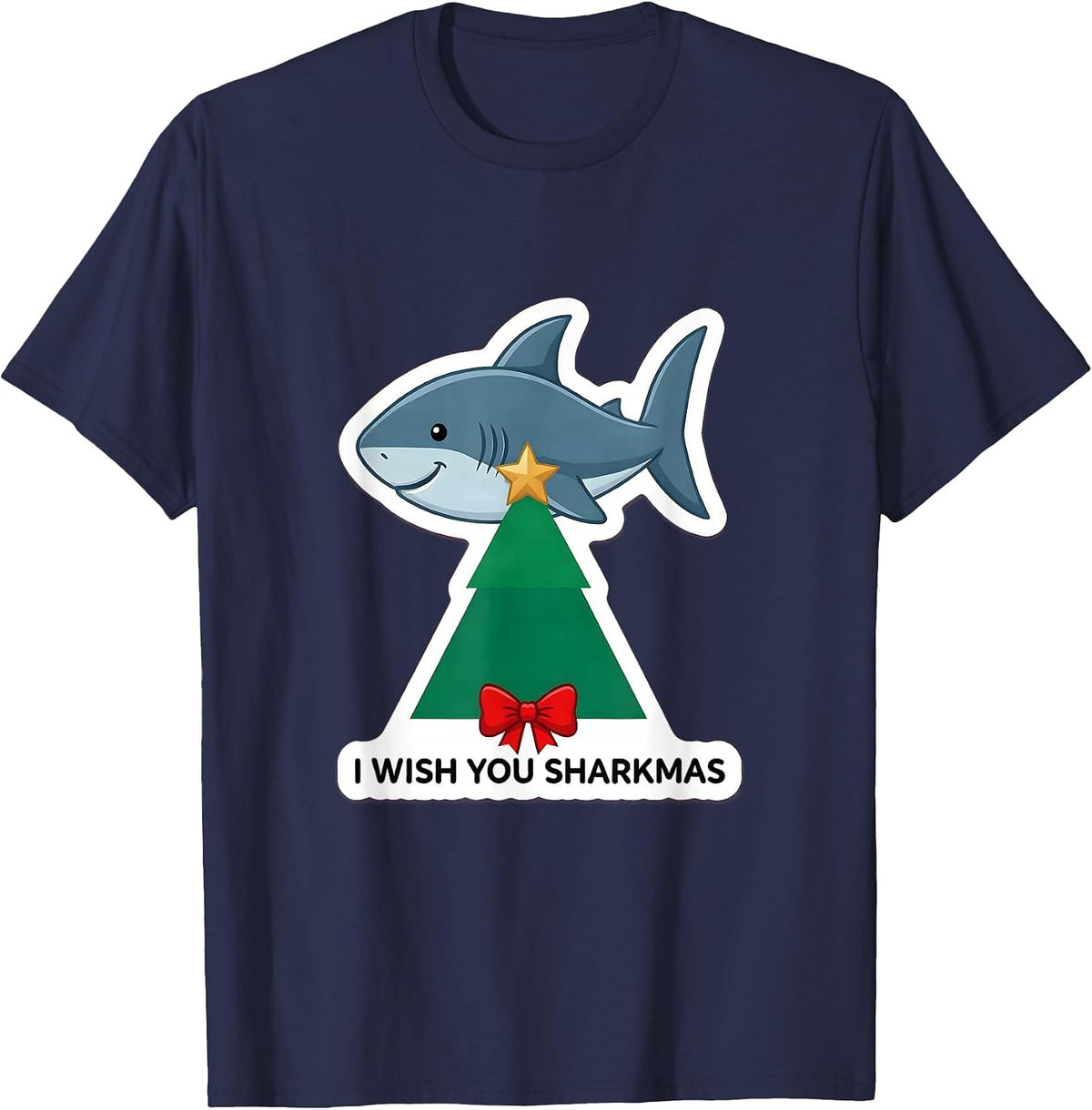 Men's I Wish You Sharkmas Funny Shark Lover Christmas Pun Novelty T-Shirt - Navy Blue