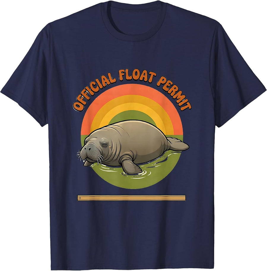 Official Float Permit Retro 70s Funny Manatee Sea Cow T-Shirt - Navy Blue