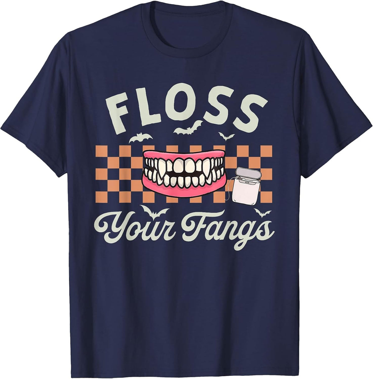 Retro Funny Teeth Floss Your Fangs Dentist Spooky Halloween T-Shirt - Navy Blue