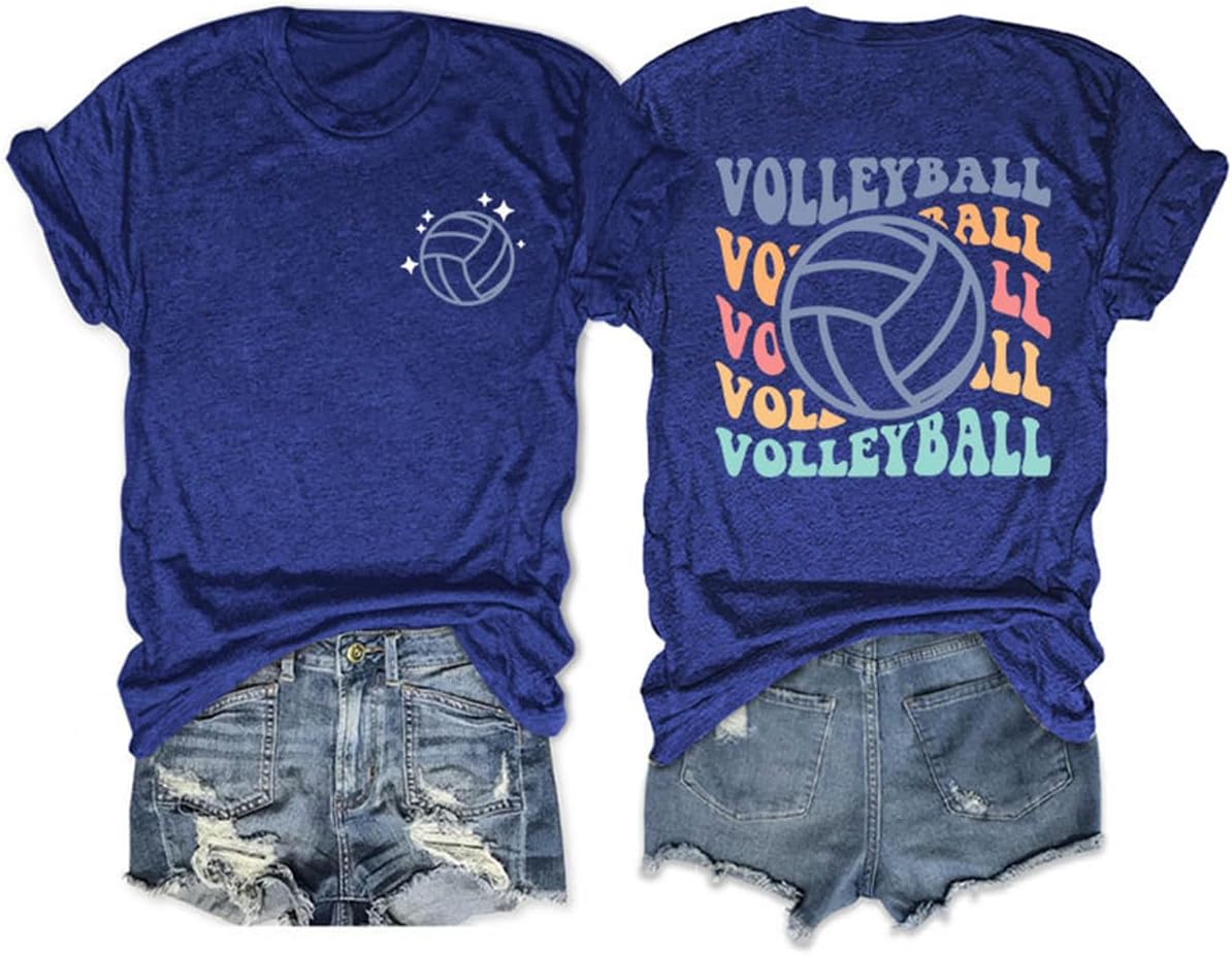 Volleyball Shirt, Women Game Day Volleyball T-Shirt Retro Short Sleeve Volleyball Graphic Tees Volleyball Lover Tops - Blue
