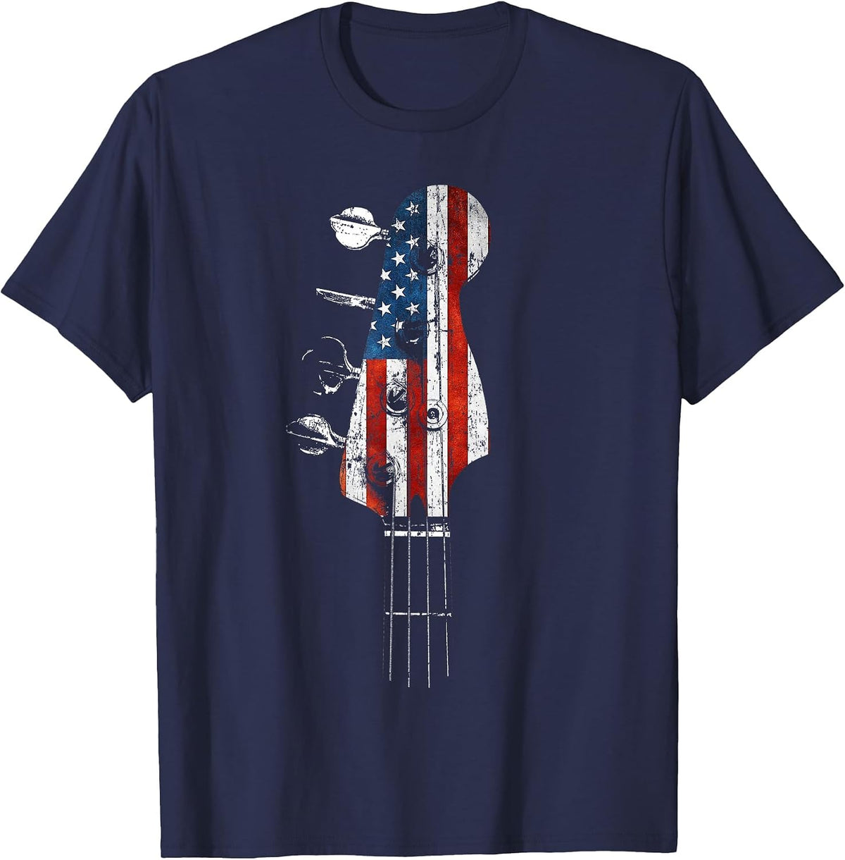 Bass Guitar Headstock USA Flag for Bassist and Bass Player T-Shirt - Navy Blue