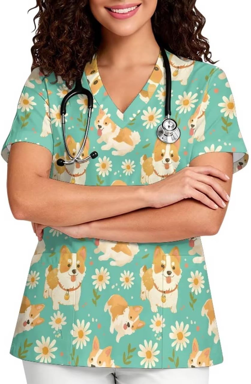 Women V-Neck Scrub Top, Soft Stretch Printed Medical Nurse Uniform - Corgi Daisy