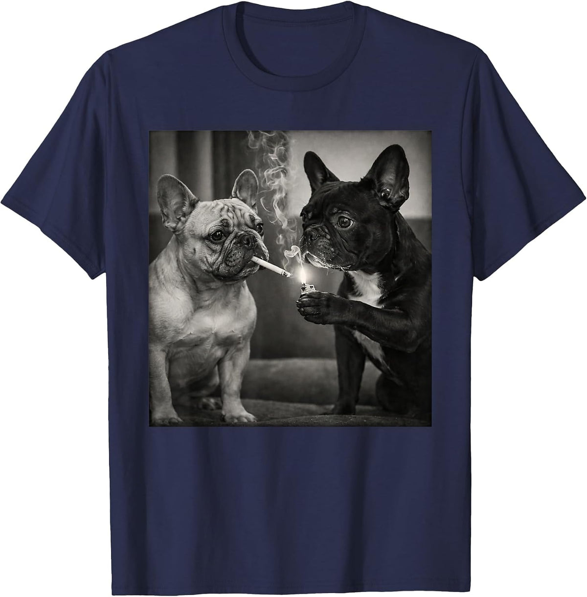 Frenchie Buddies Funny French Bulldog Smoking Cigarette Meme T-Shirt - Navy Blue