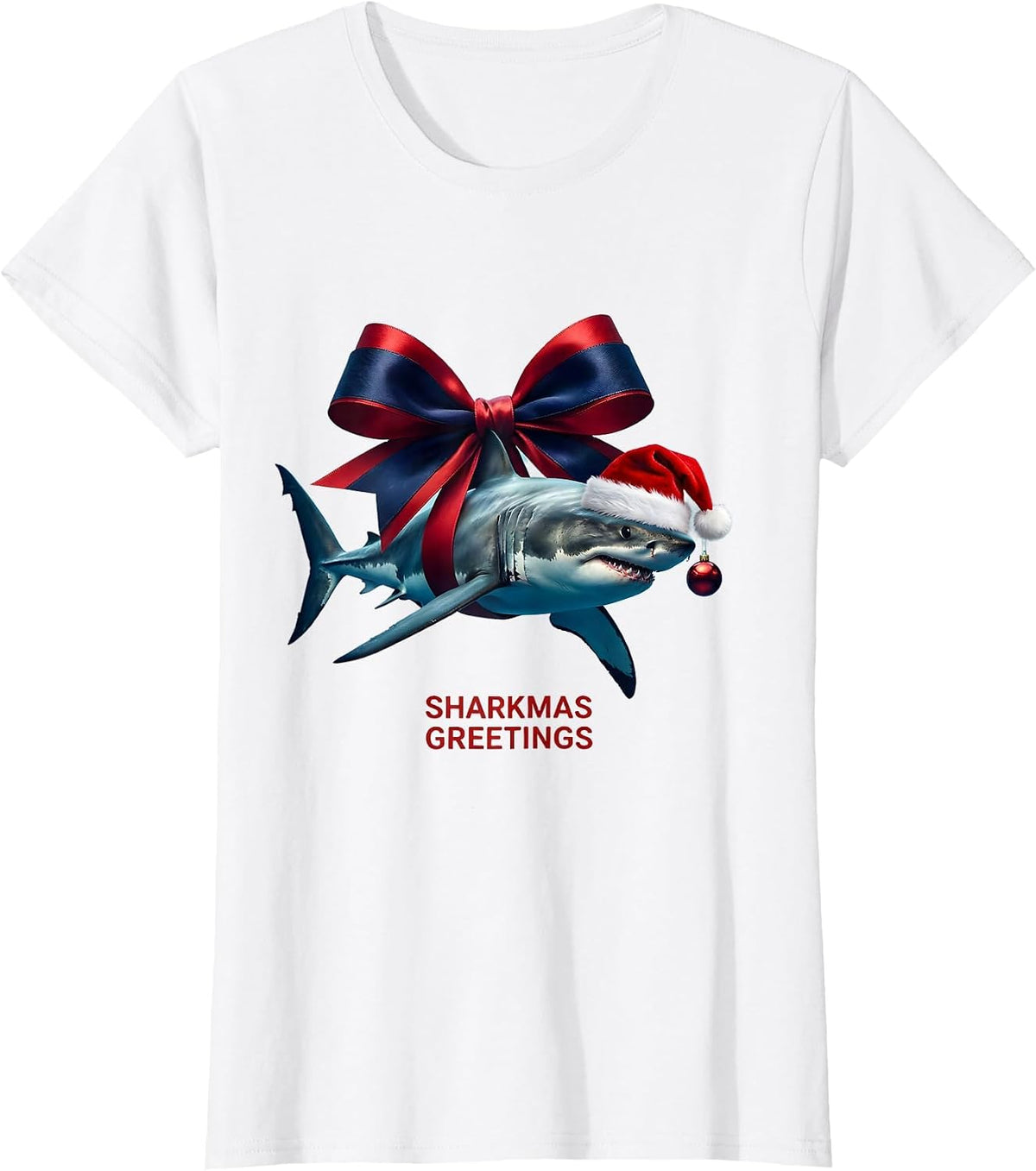 Sharkmas Greetings Funny Shark Santa Hat Christmas Lights T-Shirt - White